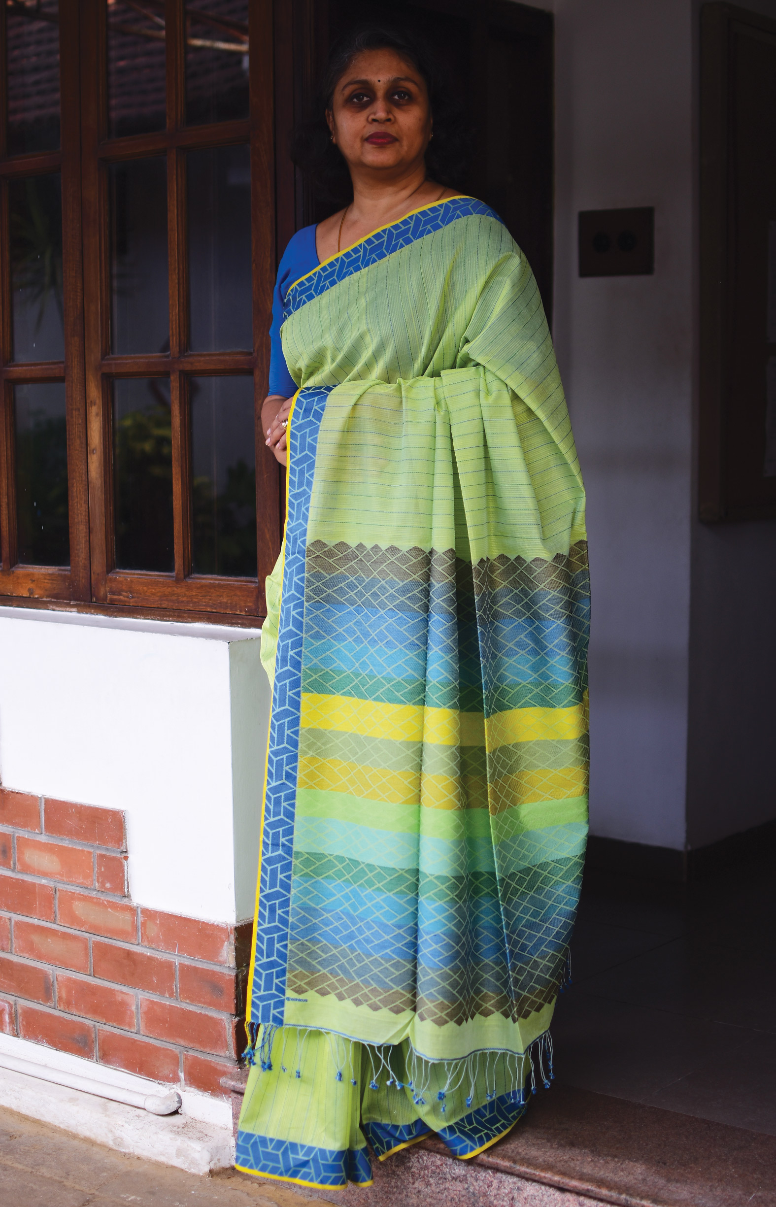 Green, Handwoven Organic Cotton, Textured Weave , Jacquard, Work Wear, Striped Saree